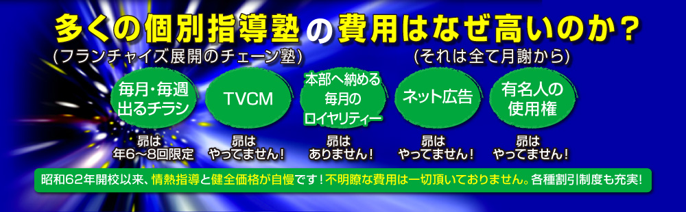 多くの個別指導塾(フランチャイズ展開のチェーン型)の費用はなぜ高いのか？　昴ゼミナールは昭和62年開校以来、情熱指導と健全価格が自慢です！不明料な費用は一切頂いておりません。各種割引制度も充実！